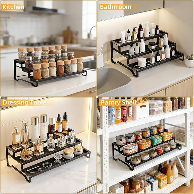 2 Pack Spice Rack Organizer for Cabinet, 13-21.5" Expandable Spicy Shelf | 9.45" Depth 3-Tier Black Metal Seasoning Organizer, Kitchen Spice Organization, Slip-Resistant Guardrails for Jars and Cans - Image 5