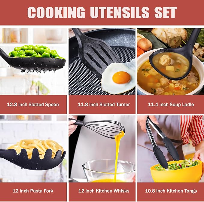 Kitchen Utensils Set,18-Piece Cooking Utensils and Knife Set,Black | Food-grade Silicone Heat-safe to 410°F, Detachable Stainless Steel Holder, 5 Kitchen Knives and Cutting Board All-in-one - Image 3