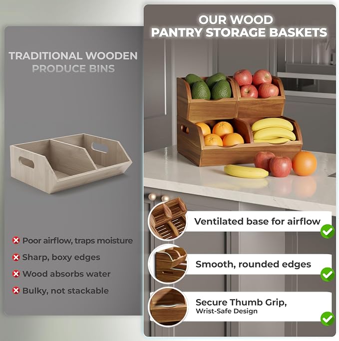 Acacia Wood Pantry Storage Bins - Stackable Open Front Kitchen Baskets for Potato, Onion, Fruit, Vegetable, and Bread Storage, Wood Organizer for Pantry (Warm Acacia) - Image 7