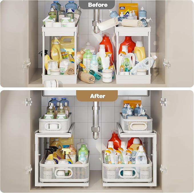 2 Pack 18.5IN-Depth Under Sink Organizer With Next-Gen Ball-Bearing Slides,2-Tier Precision Mesh Pull Out Cabinet Storage for Bathroom&Kitchen,Height Adjustable Drawers Shelf,Anti-rust-White - Image 6