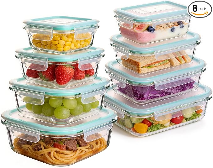 Liuruiyu Glass Food Storage Containers with Lids, 8 Pack Meal Prep Containers, Airtight Bento Boxes with Leak Proof Locking for Microwave, Oven, Freezer and Dishwasher, BPA Free（5oz to 36oz） by Liuruiyu