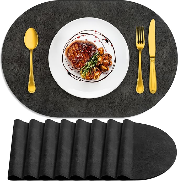ADRIMER Placemats, Heat Resistant Oval Placemats Set of 8 Washable 12 x 17 Inch, Waterproof Table Mats, Wipeable Pu Place Mats for Kitchen, Dark Grey by Adrimersdreamistobeanindispensablecompanioninyourlife