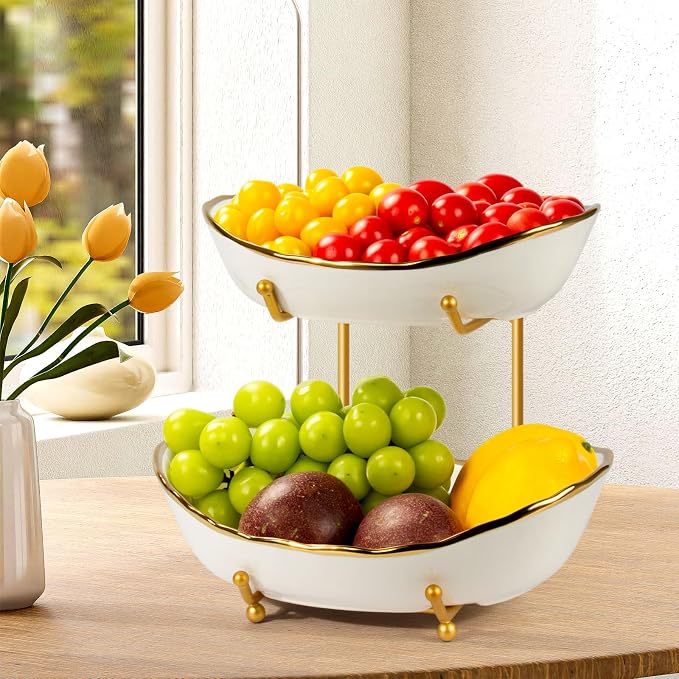 2 Tier Ceramic Fruit Bowl, Fruit Basket for Kitchen Counter, Tiered Fruit Rack for Countertop, Modern Multi Large Capacity Serving Holder for Party Dessert, Vegetable, Snack(Gold&White) by Unknown