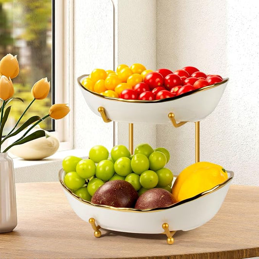 2 Tier Ceramic Fruit Bowl, Fruit Basket for Kitchen Counter, Tiered Fruit Rack for Countertop, Modern Multi Large Capacity Serving Holder for Party Dessert, Vegetable, Snack(Gold&White) by Unknown