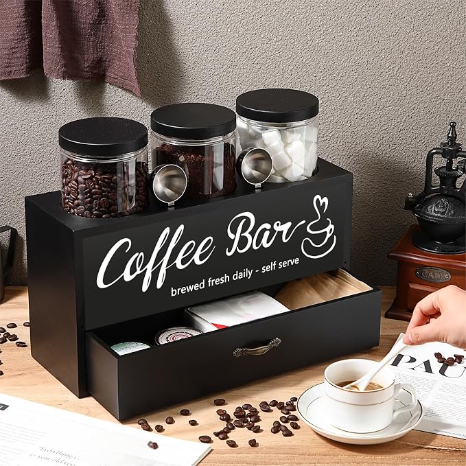 3 Pcs Coffee Bar Containers Set Include Coffee Sugar Container with Lid and Spoon and Double Layer Storage Box with Drawer for Bar Kitchen Countertop(Black) - Image 5