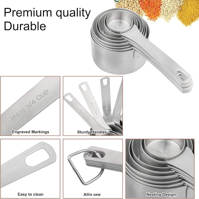 Measuring Cups Set, 18/8 Stainless Steel Measuring Cups for Dry & Liquid, Metal Measure Cups With Bonus Magnetic Conversion Chart for Kitchen & Baking - Image 3