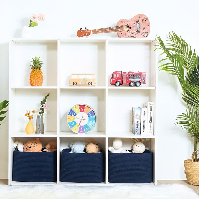 3-Pack Decorative Woven Storage Baskets for Shelves, Cube Bin Box for Organizing Books, Shoes, Dog Toys, Pantry Closet and Living Room Organizer, Navy Blue - Image 4