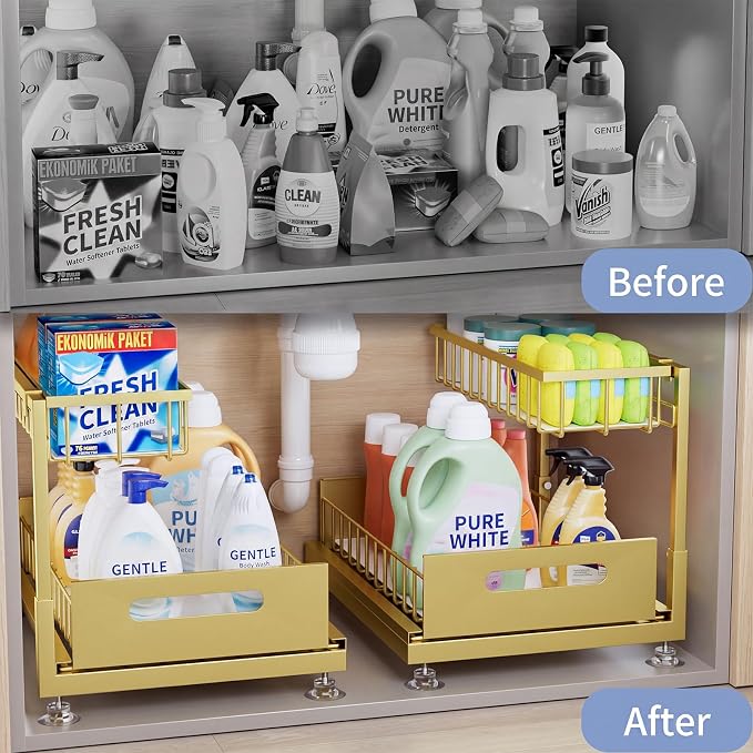 2-Pack L-Shaped Under Sink Organizer, 2-Tier Pull-out Cabinet Rack | Gold Height-Adjustable Steel Rack, Sliding Grid Drawers with PP Liners, Holds 100 Lbs, Suction Base, Ideal Kitchen Storage - Image 2