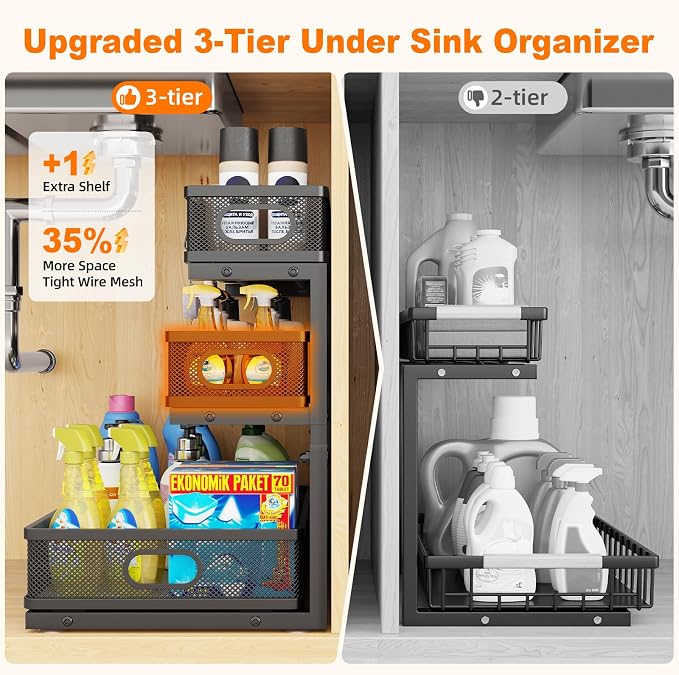 3 Tier Under Sink Organizer,Black Metal Pull Out Kitchen Cabinet Organizers, Slide Out Under Sink Storage Drawers, Undersink Organizer,Bathroom Counter Shelf, Pantry Organization and Storage （2 Pack） - Image 3