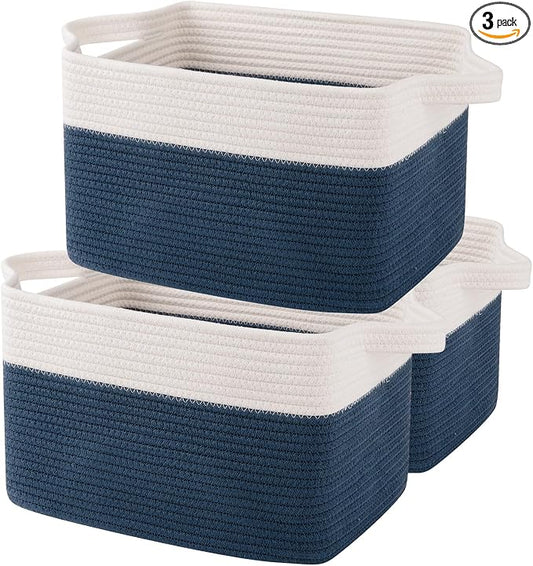 OIAHOMY Storage Baskets - Woven Cotton Rope Baskets for Shelves, Toy Towel Organizer Bins, Pack of 3, Blue & White by MasterofSpaceOptimization