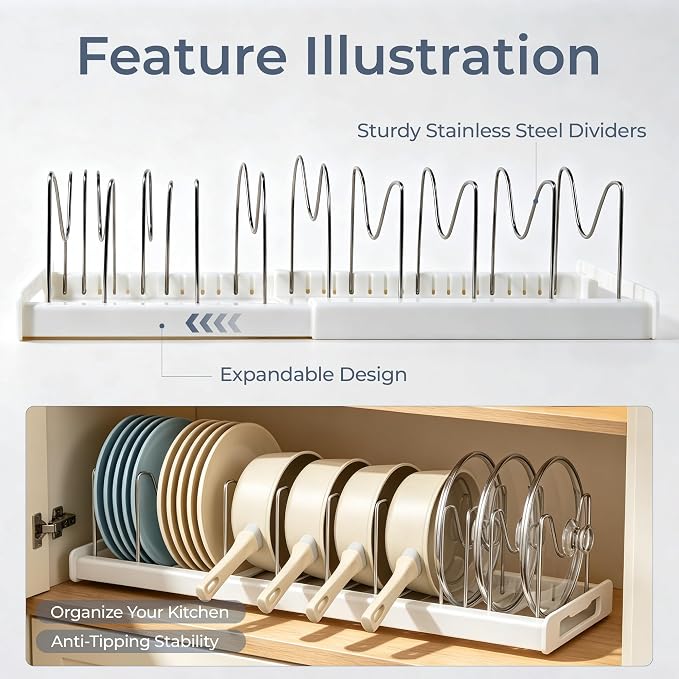 2-Pack Pots & Pans Organizer – Under Cabinet Storage with Dividers | 12.6-22.4-Inch Rack Fits Most Cabinets | 9 Adjustable Dividers | Maximizes Kitchen Cabinet Space | White - Image 6