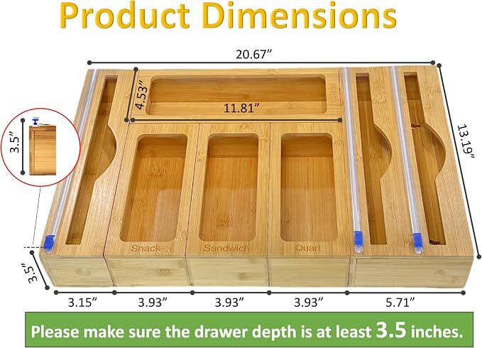 Incredinest Bamboo Drawer Organizer Bag Holder – Modular Design Zip Lock Bag Organizer Plastic Wrap Dispenser with Cutter – Baggie Organizer for Drawer with Single and Double Wrap Dispenser - Image 3