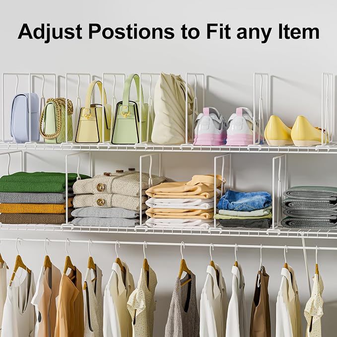 SortNStore Wire Shelf Dividers for Closet: Tall 10.6in x Deep 12in, 16 Pack | Wire Rack Accessories - Adjustable Purse Organizer for Clothes Handbags - Metal Pantry Separators - Image 6