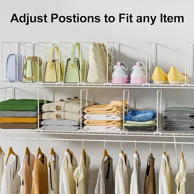 SortNStore Wire Shelf Dividers for Closet: Tall 10.6in x Deep 12in, 8 Pack | Wire Rack Accessories - Adjustable Purse Organizer for Clothes Handbags - Metal Pantry Separators - Image 6