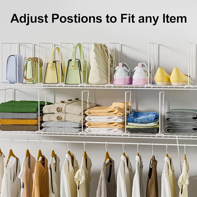 SortNStore Wire Shelf Dividers for Closet: Tall 12in x Deep 12in, 6 Pack | Wire Rack Accessories - Adjustable Purse Organizer for Clothes Handbags - Metal Linen Closet Pantry Separators - Image 6