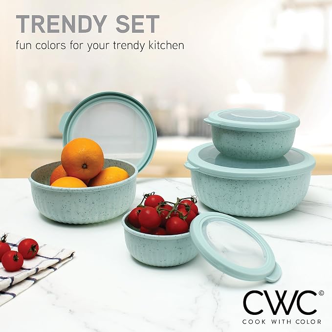 COOK WITH COLOR Prep Bowls with Lids- Wide and Deep Nesting Plastic Small Mixing Bowl Set with Lids, 8 Piece Set - Wide Bowls, Speckled Mint - Image 2