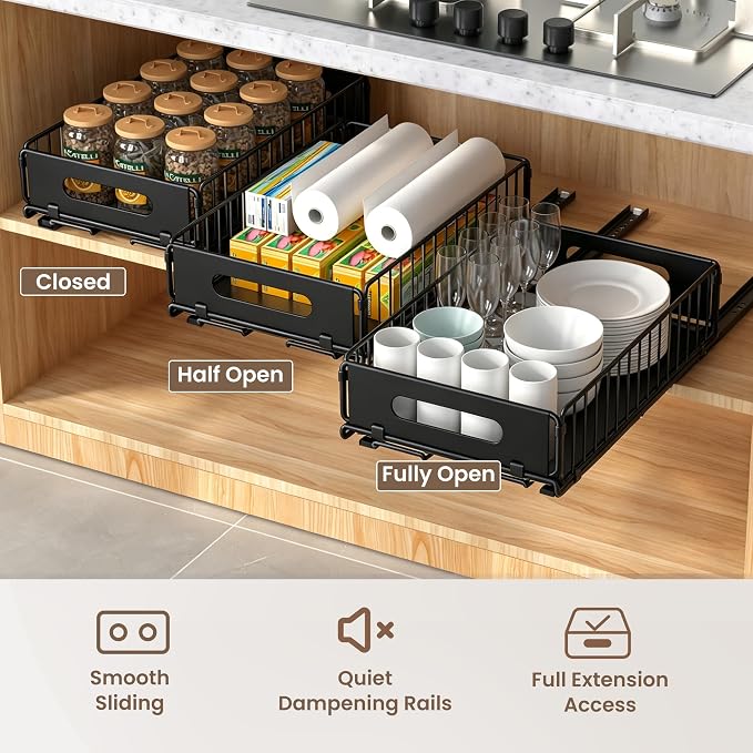 4 Pack Pull Out Cabinet Organizer, Heavy Duty Slide Out Drawer with No Drill Adhesive or Screw Mount, Carbon Steel Roll Out Shelf for Kitchen Cabinet, Pantry & Bathroom Storage - Image 4