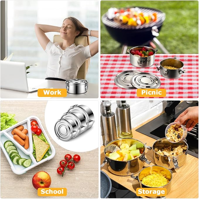 Zopeal 6- Piece Stainless Steel Food Storage Containers with Lids Leakproof Metal Lunch Boxes Stackable Reusable Canisters for Camping Trips Picnic Snacks Salad Soups, 3 Sizes(12oz, 22oz, 34oz) - Image 7