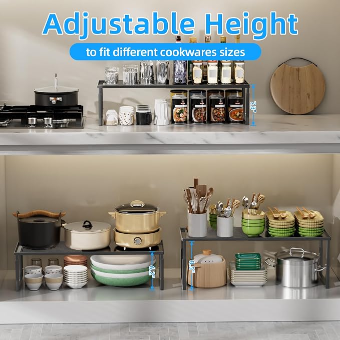 Cabinet Shelves, 2 Pack Stackable Shelves for Pantry Storage | Expandable & Height Adjustable Cabinet Organizer Shelf | Metal Shelf Organizer | Black Spice Rack for Pantry Storage - Image 8