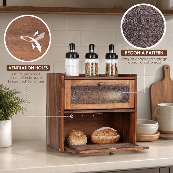 Sunhoo Bread Box for Kitchen Countertop, Large Pine Wood Breadbox, Brown | Farmhouse Pantry Container, Double Layer Storage, Fresh Homemade Sourdough Bin, Vintage Textured Acrylic Door, Easy Assembly - Image 2