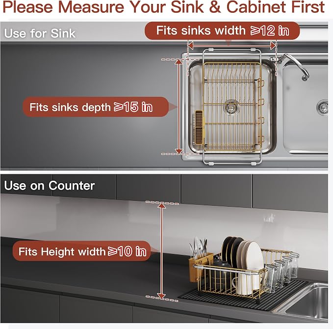 JASIWAY Gold Dish Drying Rack in Sink with Mat, Cups and Utensil Holder | Use Over the Sink or Counter, Stainless Steel Expandable Dish Drainer for Small Kitchen, Space Saving, Fast Drain, Rustproof - Image 5