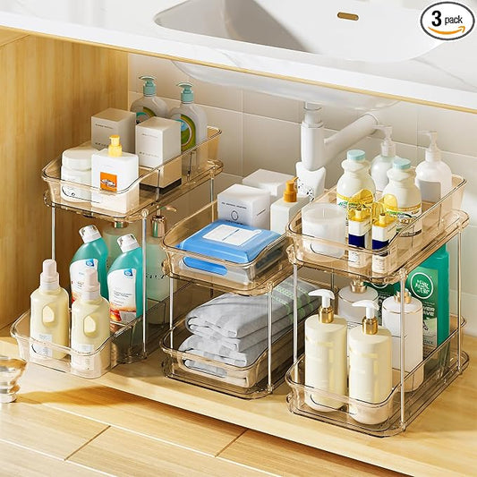 Delamu 2-Tier Under Sink Organizers and Storage, Multi-Purpose Stackable Bathroom Cabinet organizers, Pull Out Kitchen Pantry Organization and Storage with Dividers(3 Pack, Amber) by DELAMU