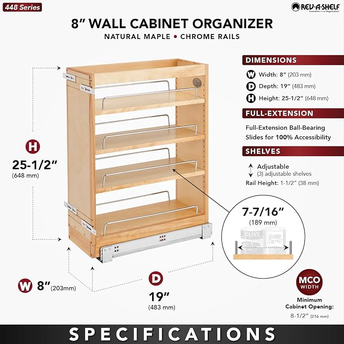 Rev-A-Shelf Pullout Base Cabinet Organizer, Adjustable Shelves for Full Height Kitchen or Vanity Cabinets, Maple Wood, 448-BC19-8C - Image 3