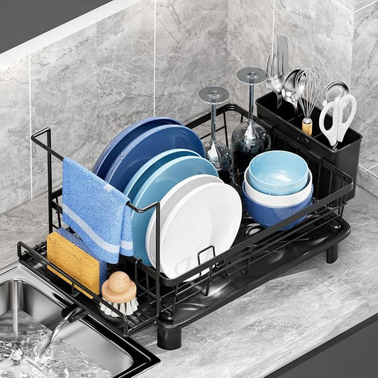 Dish Drying Rack, Stainless Steel-Dish Rack, (Black2 with Sponge Rack ) | Dish Racks for Kitchen Counter, Kitchen Dish Drainers with Removable Utensil Holder,New drain outlet, by GAOKASE