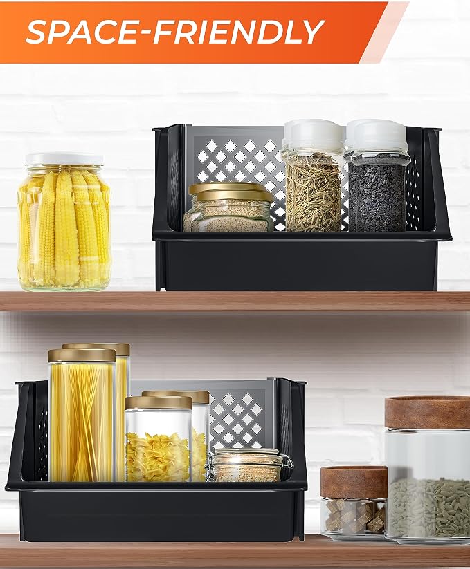 XLarge Stackable Storage Bins Open Front for Pantry Storage, 3 Pack - Black | Sturdy Plastic, Easy Stacking, Open Front Access, Ventilated Sides, Vertical & Space Saving Pantry Organizers and Storage Bin - Image 5