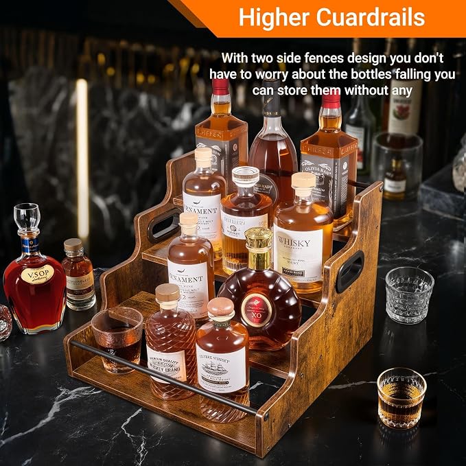 YQBRAO 2-Pack 4-Tier Liquor Bottle Display Shelf, 16-Inch, Rustic Brown | Two racks hold up to 32 bottles total for bourbon, spirits, home bars, dining areas, and entertaining spaces. - Image 9