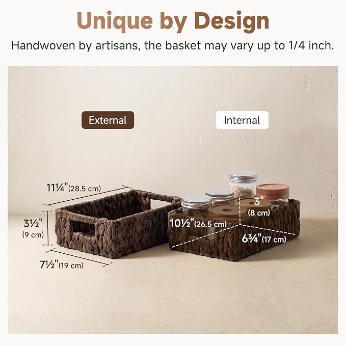 StorageWorks Wicker Baskets for Storage,Rectangle Basket,Brown Basket,2Pack | Hyacinth Dark Brown Wicker Basket, Wicker Storage baskets for Organizing, Wicker Storage Baskets for Shelves,11¼" x 7½" x 3½" - Image 3