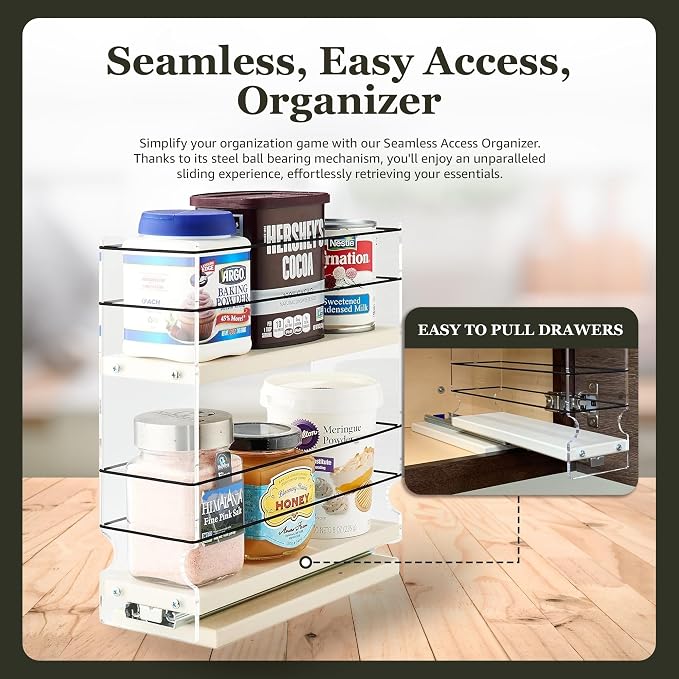Sliding Spice Rack Organizer for Cabinets - Pull Out Shelves for Upper Kitchen Cabinets - Cabinet Organizer/Storage - USA Made - 2 Tiers - 3.45" x 10.75" x 10.6"(Cream, Assembled) - Image 3