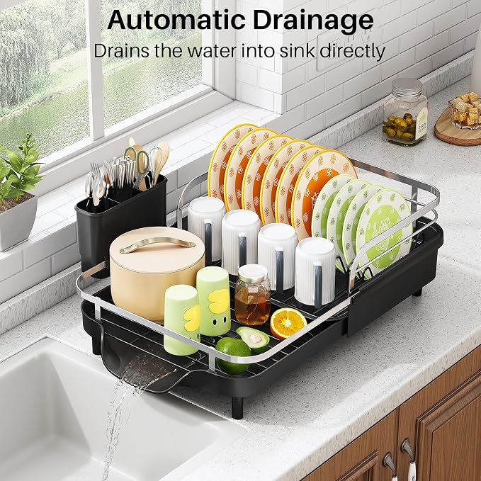 SAYZH Expandable Dish Drying Rack for Small Kitchen Counter, Black | Stainless Steel, Protective Guardrail, Angled Drainboard, Fits High-Rim Sinks, Removable Utensil Holder - Image 3