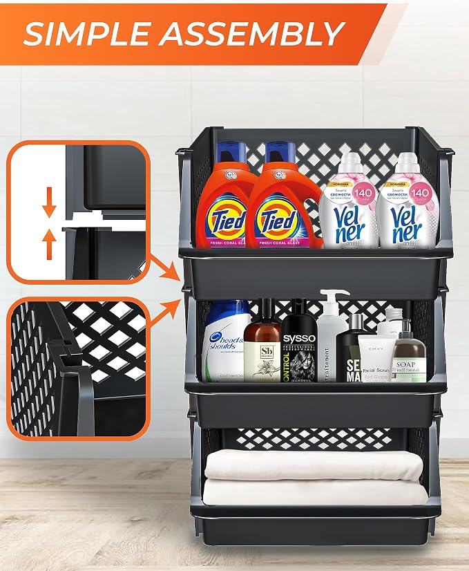 XLarge Stackable Storage Bins Open Front for Pantry Storage, 3 Pack - Black | Sturdy Plastic, Easy Stacking, Open Front Access, Ventilated Sides, Vertical & Space Saving Pantry Organizers and Storage Bin - Image 2
