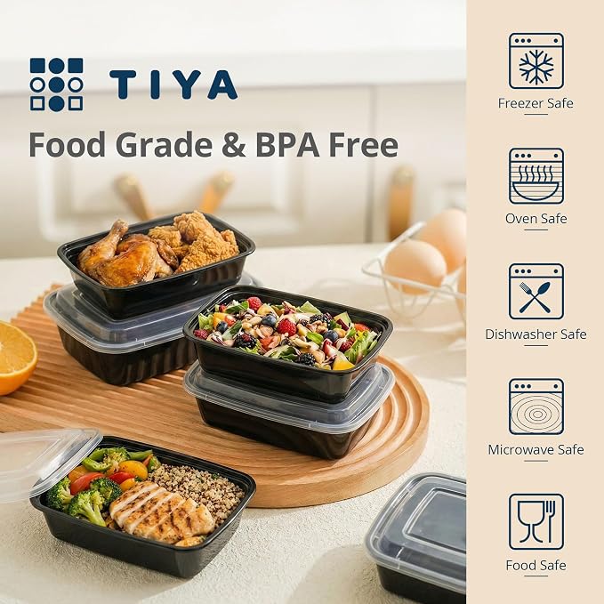 TIYA Food Containers - 38 oz Bulk 150 Pack with Lids - Rectangular Plastic To-Go Containers - Reusable, Microwavable, Dishwasher Safe - Leak-Proof for Meal Prep - BPA-Free - Image 3