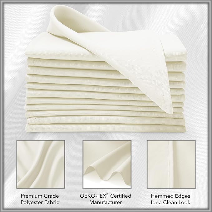 Lann's Linens Set of 12 Cloth Dinner Napkins, 20-inch Polyester Napkins, Washable and Reusable Fabric for Weddings, Hotels, Restaurants - Ivory - Image 3