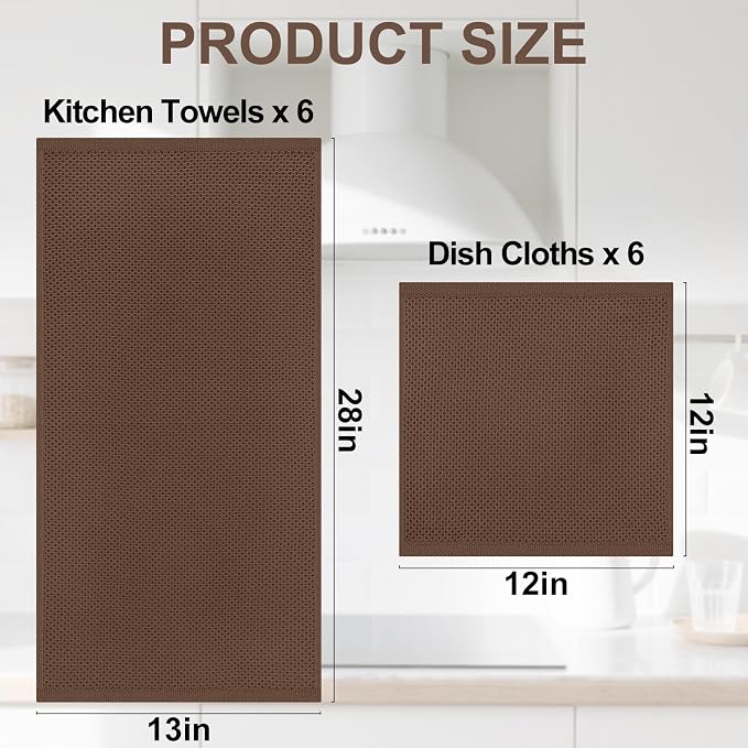 Homaxy 12 Pack 100% Cotton Kitchen Towels and Dishcloths Set, Coffee | 12 x 12 Inches and 13 x 28 Inches Kitchen Towels Set, Ultra Soft Absorbent Dish Cloths for Washing Dishes - Image 4