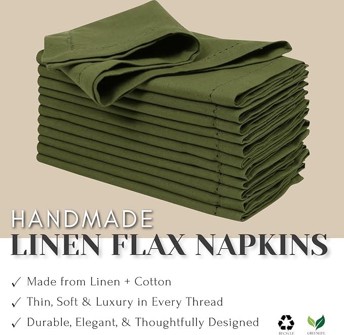 Ramanta Home Olive Green Cloth Dinner Napkin Set of 12-18x18 Inches | Cotton Linen Flax Hemstitched Napkins Washable for Everyday Use - Image 7