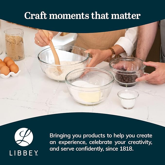 Libbey Baker's Basics 4 Piece Glass Mixing Bowl Set with Plastic Lids - Elegant Nesting Bowls - Glass Mixing Bowls with Lids to Store, Serve and More - Image 6