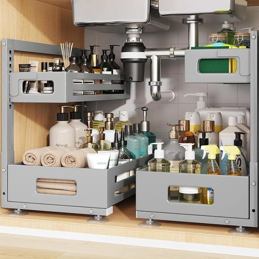 2 Pack 17IN-Depth Under Sink Organizer,Pull Out Cabinet Organizer With Smooth Cylindrical Rail,Metal Slide Out Drawer for Kitchen Bathroom Laundry,8-Level Tool Free Height Adjustable-Gun Gray by UnderSinkOrganizer