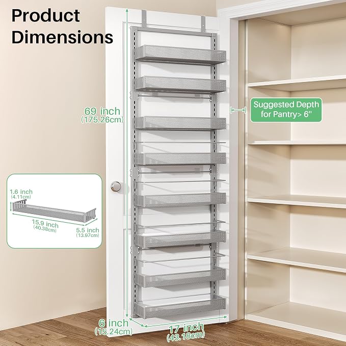 SNTD 8 Tiers Over the Door Organizer, 17" W x 6" D x 69" H, Grey | Pantry Door Organizers and Storage, Height Adjustable Spice Rack, Dense Mesh Baskets, Anti-Swing, Adjustable Door Fastener - Image 2
