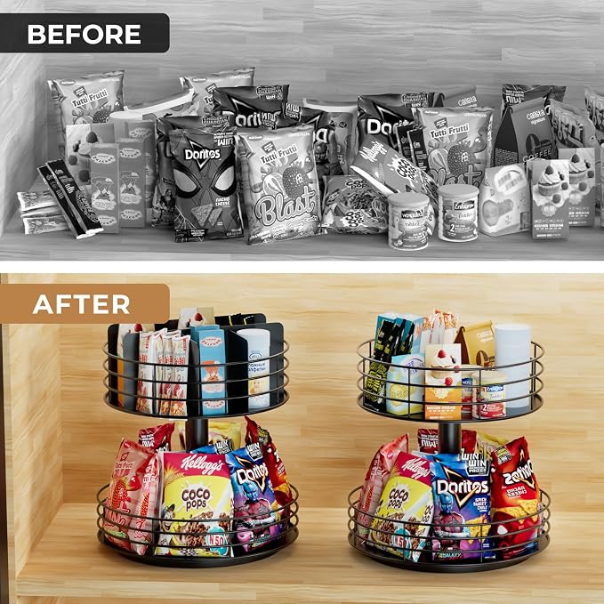 Snack Organizer - Versatile Snack Storage 2 Tier Lazy Susan with Convenient Grab-and-Go Design, Metal Snack Holder for Home, Office, Breakroom, 11.85" L x 11.85" W x 13.3" H (Matte Black) - Image 4