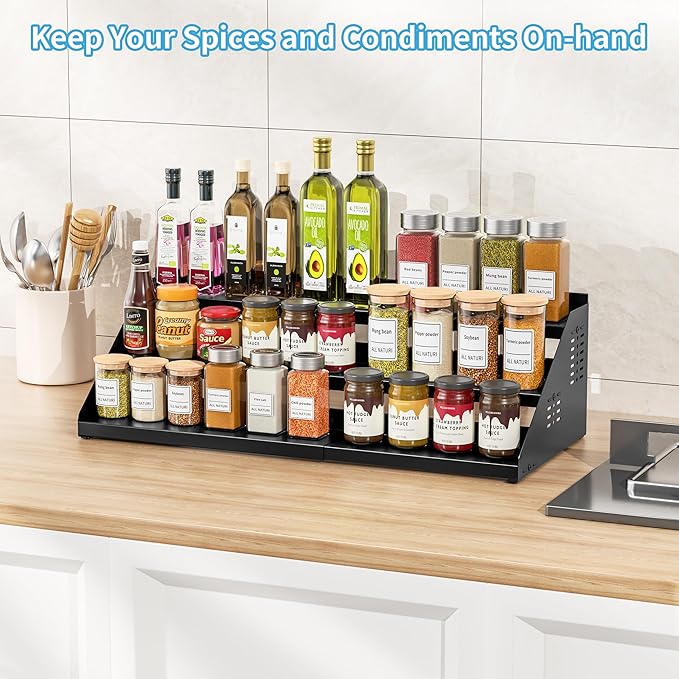 BOIVSHI Spice Organizer, Spice Rack for Expandable 3-Tier, Spice Organization for Cabinet Expandable Width and Adjustable Height, Seasoning Organizer for Cabinet, Countertop, Pantry, Black - Image 6