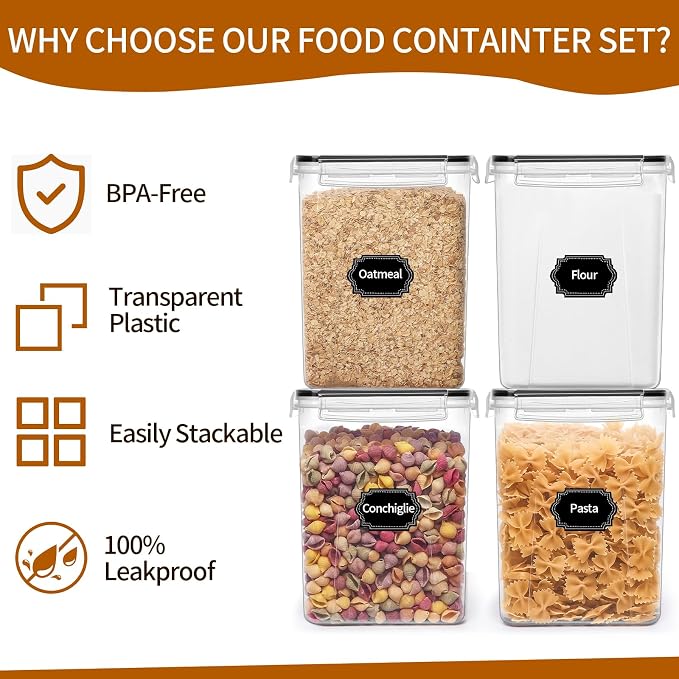HKJ Chef 4 Pack Large Airtight Food Storage Containers with Lids (5.2L / 176oz), BPA Free Plastic Kitchen and Pantry Organization Contianers for Cereal Flour and Sugar Storage, Labels & Marker - Image 5