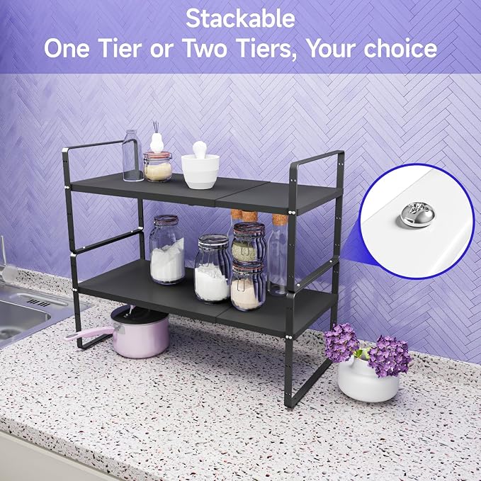 2Pack 16.5-27''L Expandable Cabinet Countertop Shelf Organizer, Black | 8"W x 9.6"H, Stackable Metal Shelves, Storage Spice Rack, For Pantry and Cupboard, Kitchen Organizers and Storage - Image 5