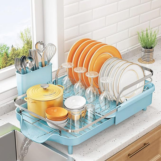 SNTD Expandable Dish Drying Rack for Kitchen Counter, 15.2-22.1 in, Blue | Rust-Resistant Stainless Steel, Protective Side Rails, Self-Draining Drainboard, Removable Utensil Holder by SNTD