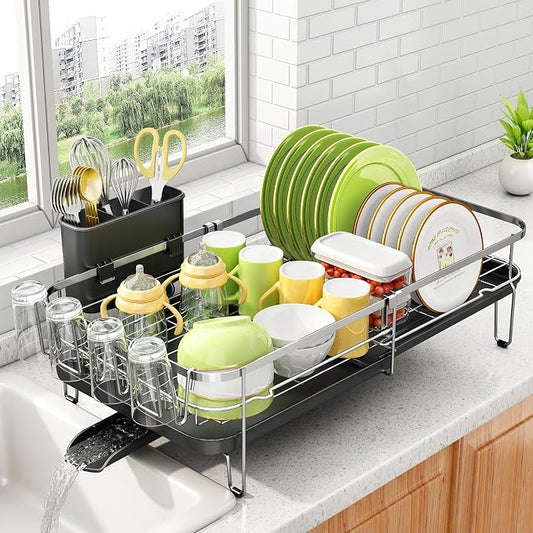 SNTD Expandable Dish Drying Rack for Kitchen Counter, 13.8-22.6 in, Silver | Stainless Steel, Removable Utensil & Cup Holder, Self Draining Drainboard with Rotating Spout by SNTD