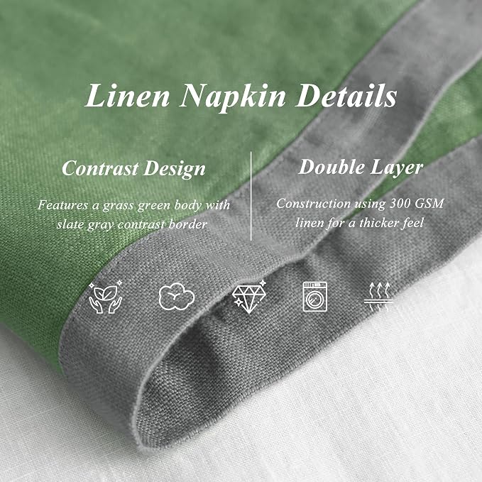 Linen World 100% French Linen Napkins Set of 4,20 x 20 Inch Double Layer Cloth Napkins,Washable Heavyweight for Holiday Dining Kitchen Decor,Grass Green with Slate Gray Contrast Border - Image 6