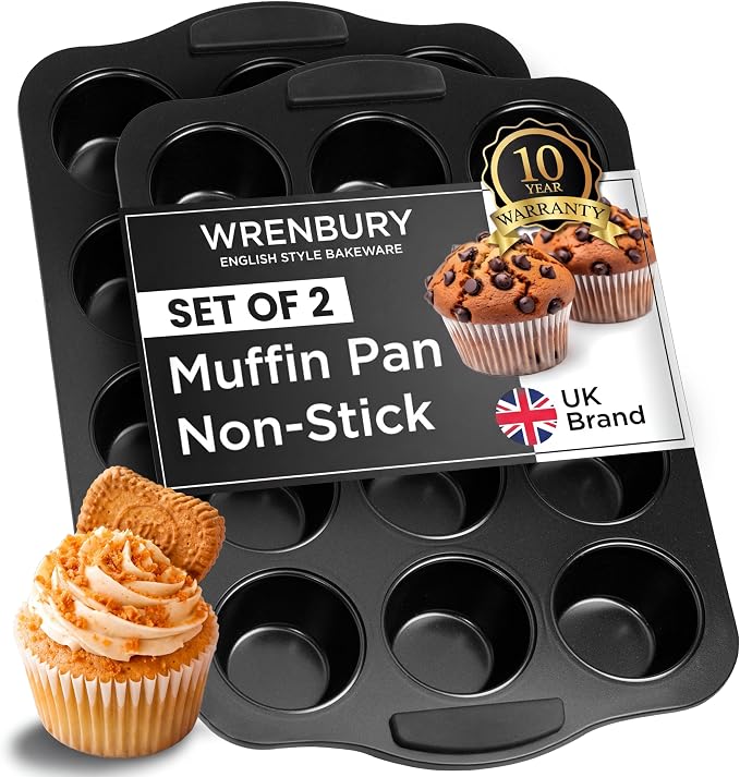 Wrenbury Set of 2 Nonstick Muffin Pan 12 Cup – Deep Cupcake Yorkshire Pudding Tin, PTFE & PFOA Free Carbon Steel, Warp Resistant Baking Tray for Even Bakes by Wrenbury