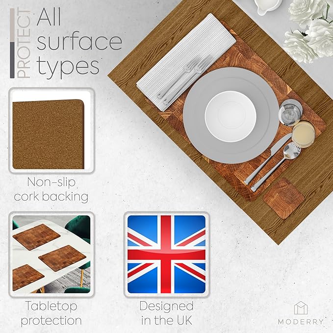 Set of 4 Heat Resistant Cork Placemats for Dining Table with Free Set of 4 Matching Drink Coasters Marble Design 16 x 12 Inches Cork Backed Hard Placemats (Honey Oak) - Image 5